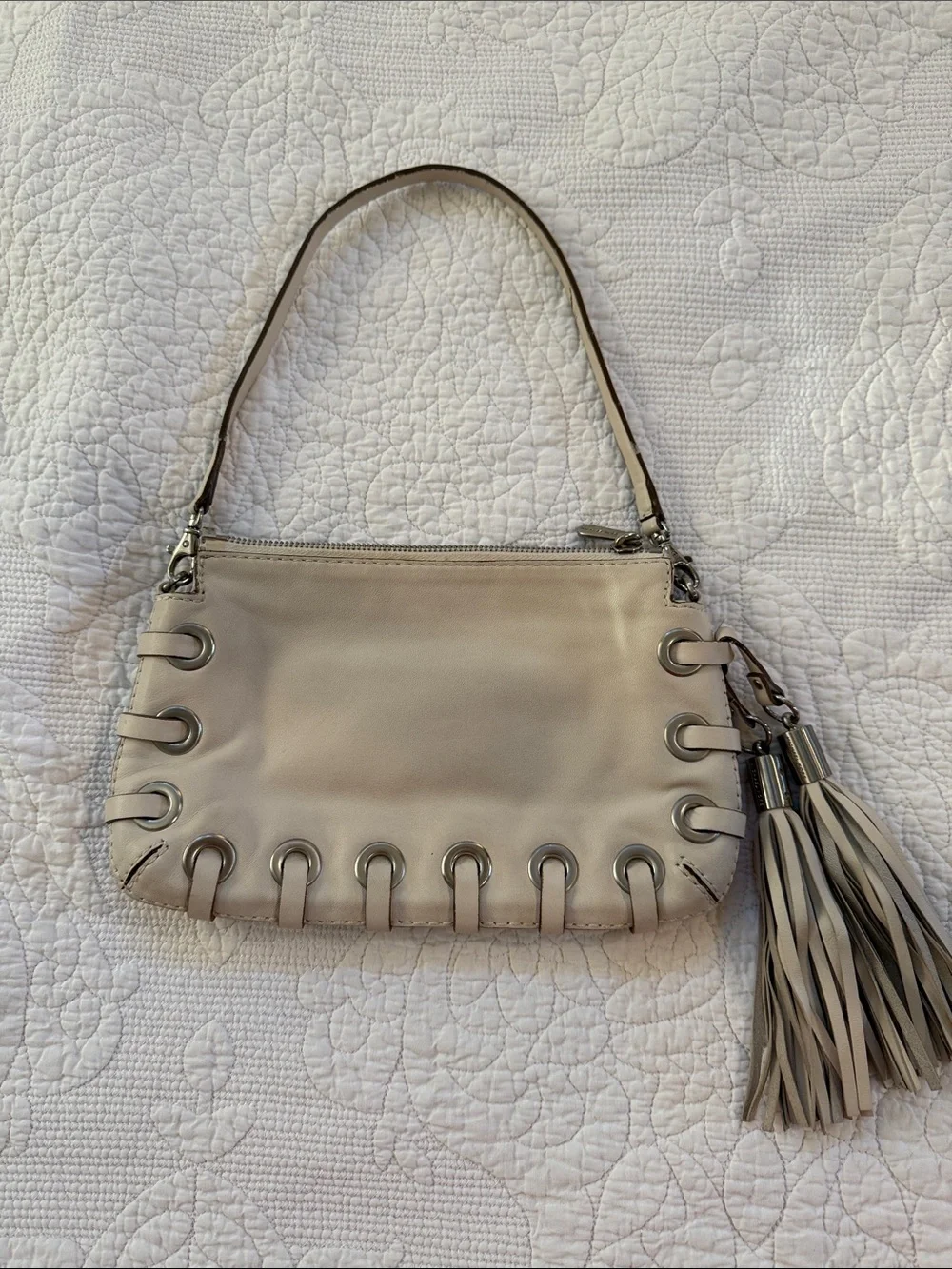 Michael Kors Cream Leather Shoulder Bag with Grommet and Tassel Detail